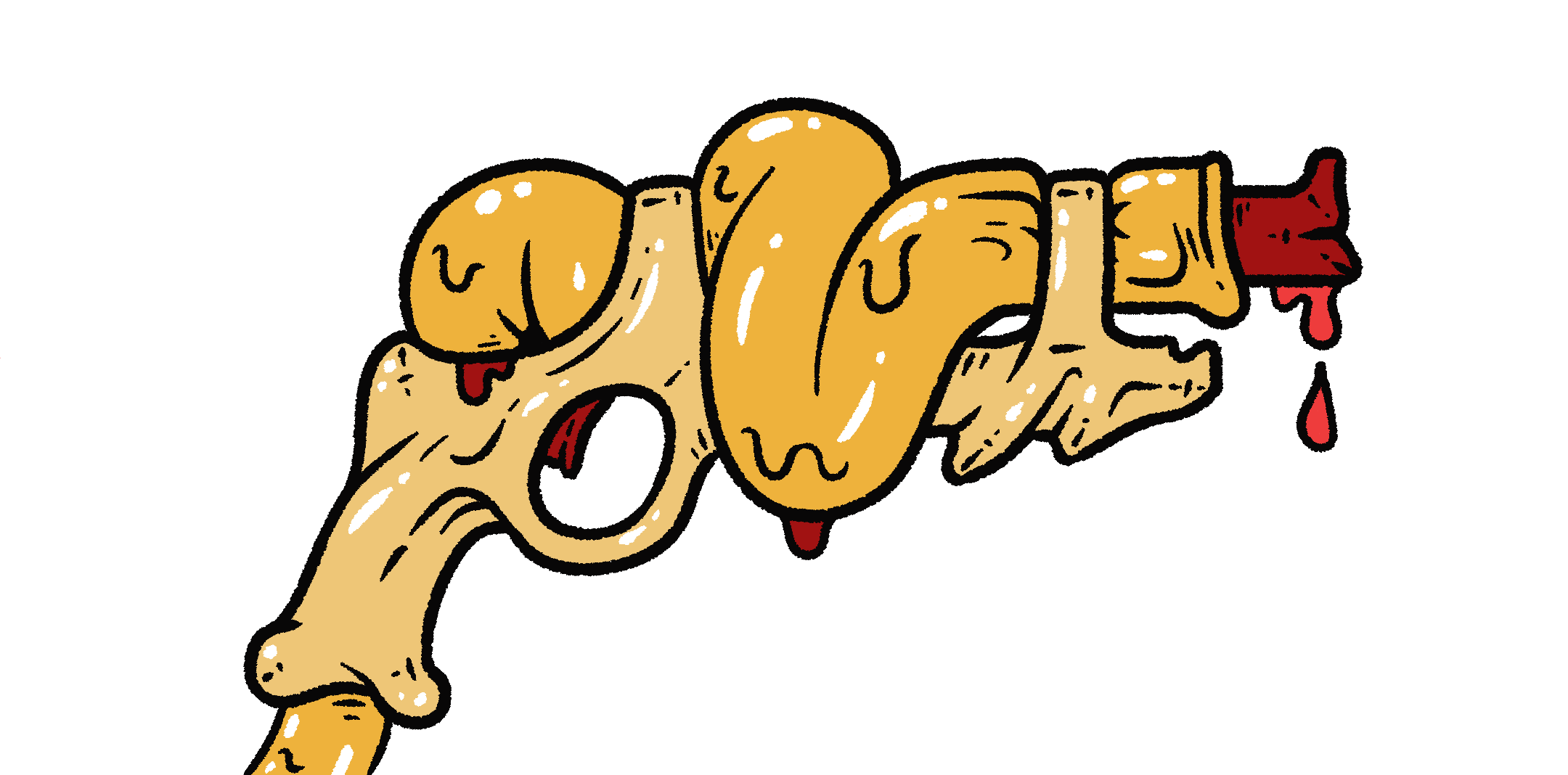 A pistol made out of golden bone and intestines. The bone provides structure, while the intestine is fit through the bottom of the bony grip and snakes along its length until opening to reveal the blood-soaked boney barrel.